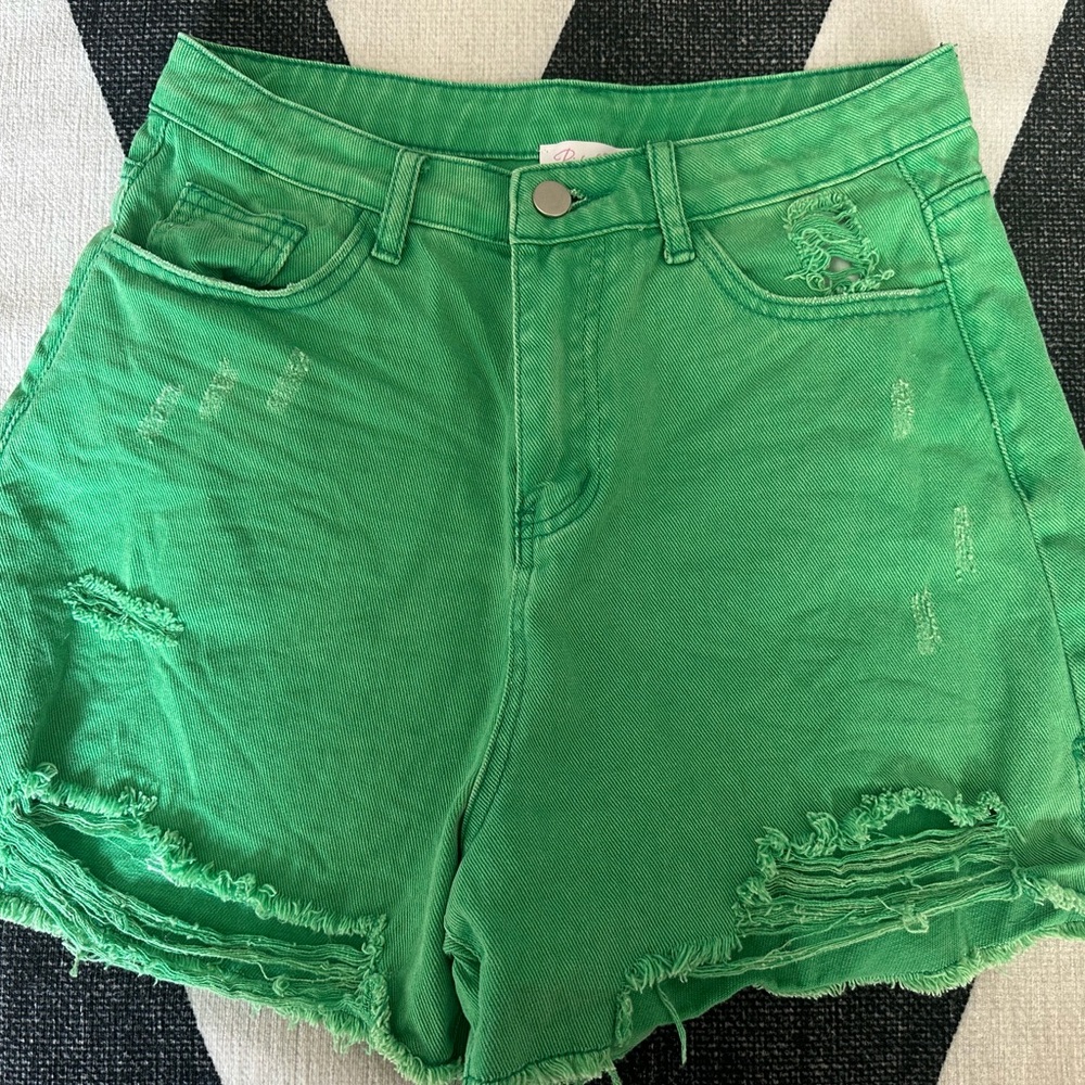 Pink Lily Green Distressed Jean Shorts